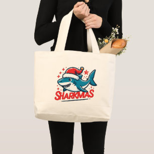 Bolsa Tote Grande Sharkmas feliz, Tubarão de Natal, Natal Engraçado,