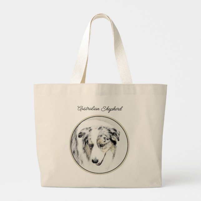 Bolsa Tote Grande Shepherd australiano pintura de arte azul de cacho (Verso)