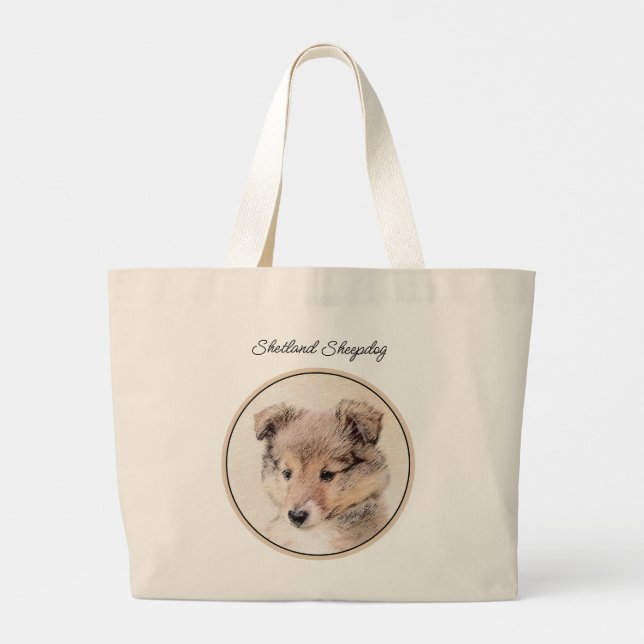 Bolsa Tote Grande Shetland Sheepdog Puppy Painting Dog Art (Verso)