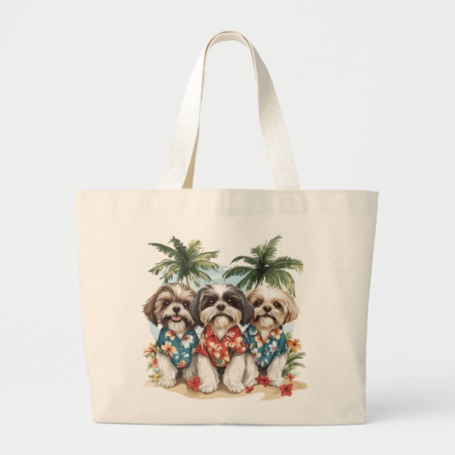Bolsa Tote Grande Shih Tzu Dogs Vestindo camisas havaianas (Frente)