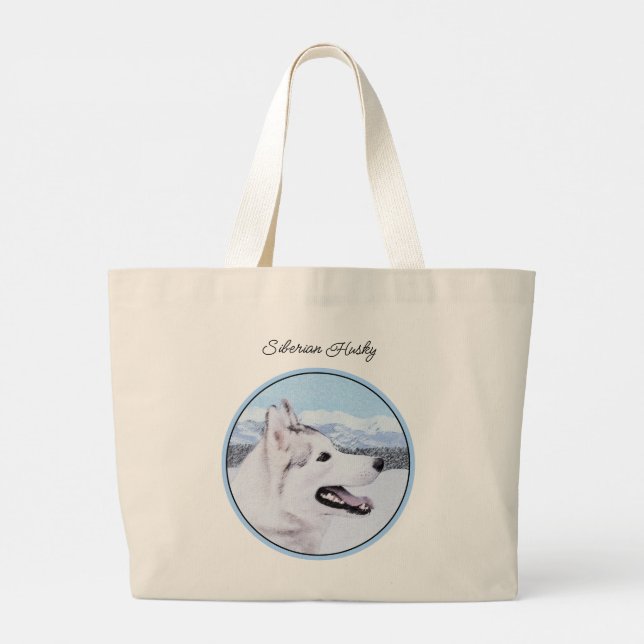 Bolsa Tote Grande Siberian Husky Painting Silver and White Dog Art (Verso)