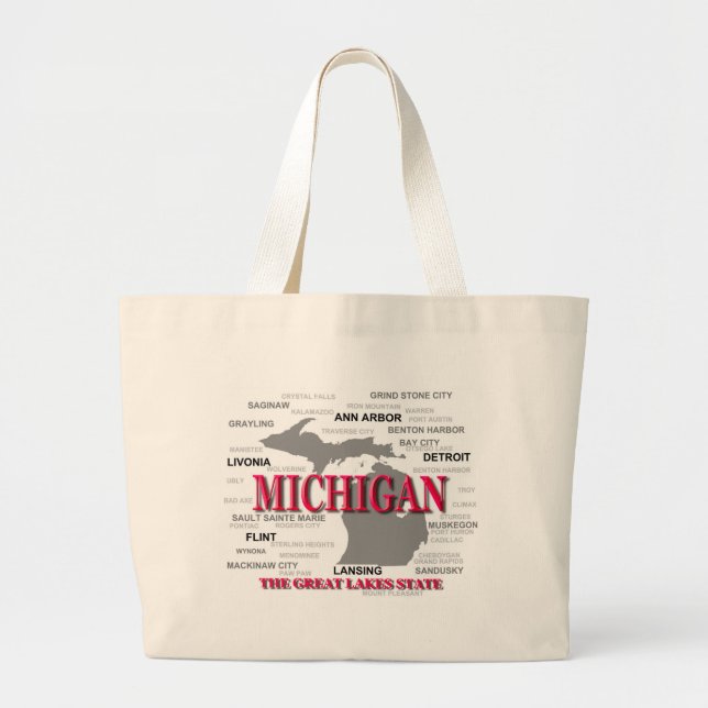 Bolsa Tote Grande Silhueta do mapa do orgulho do estado do Michigan (Frente)