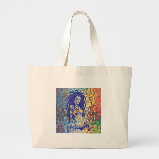 Bolsa Tote Grande Silhueta velha de uma mulher com dreadlocks. (Frente)