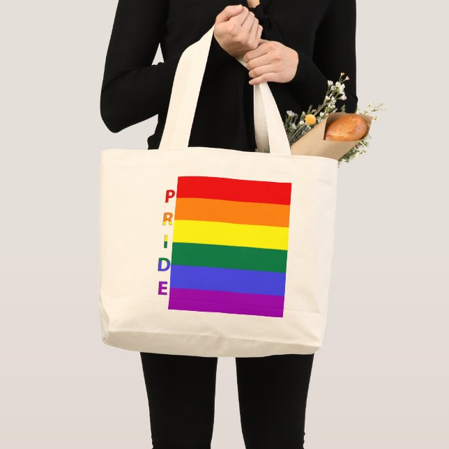 Bolsa Tote Grande Sinalizador arco-íris do orgulho LGBT (Frente (produto))