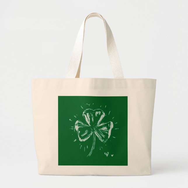 Bolsa Tote Grande Sketch Shamrock – Hand-Drawn Irish Clover Design (Frente)
