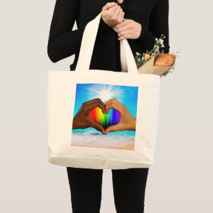 Bolsa Tote Grande SlipperyJoe gradiente de arco-íris vibrante coraçã
