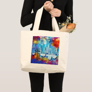 Bolsa Tote Grande SlipperyJoe NYC grafite lua cercada por redemoinho