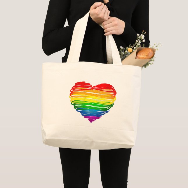Bolsa Tote Grande SlipperyJoe's Pride Heart Scribbles forma cardíaca (Frente (produto))