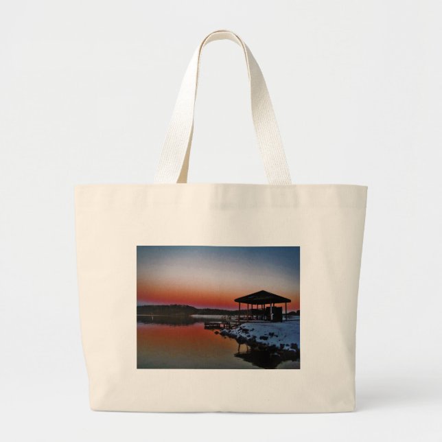 Bolsa Tote Grande Snowy Sunset no cais do lago de Arrohead (Frente)