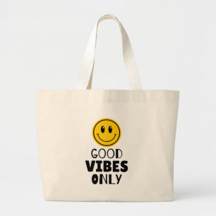 Bolsa Tote Grande 'Só Vibrações Boas' Rosto Sorridente Retrô 