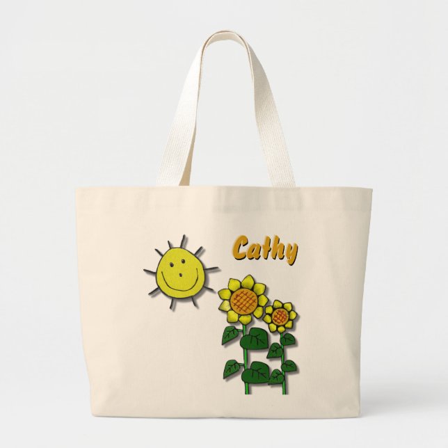 Bolsa Tote Grande Sol feliz e girassóis (Frente)