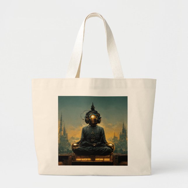 Bolsa Tote Grande Steampunk Meditando Buda (Frente)