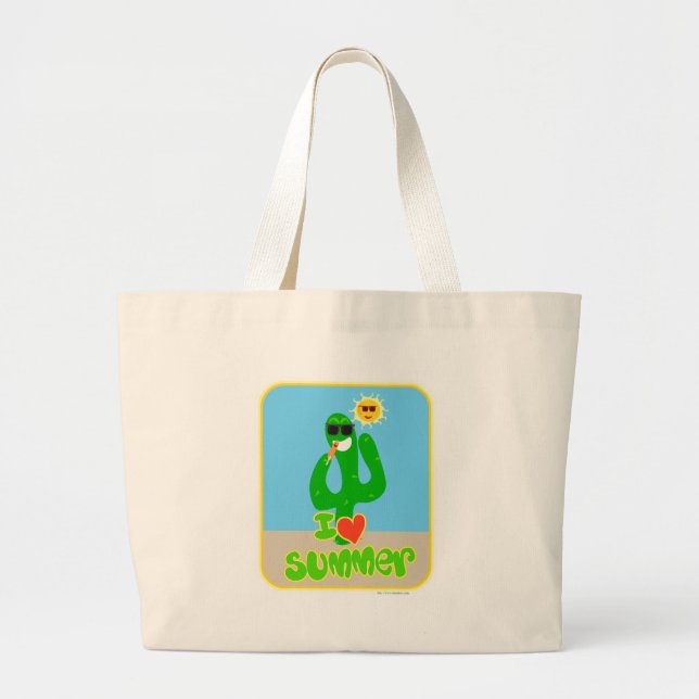 Bolsa Tote Grande Summer Love Cactus Cartoon Diversão Slogan Sazonal (Frente)
