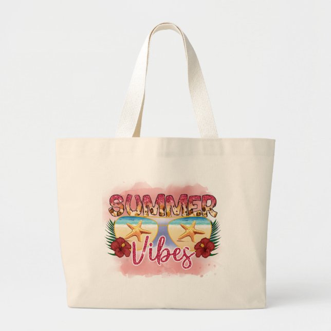 Bolsa Tote Grande Summer Vibes | Design de óculos de sol da praia co (Frente)