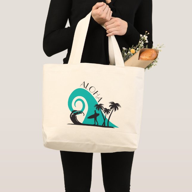 Bolsa Tote Grande Surf Aloha Moderno e Palmeiras (Frente (produto))