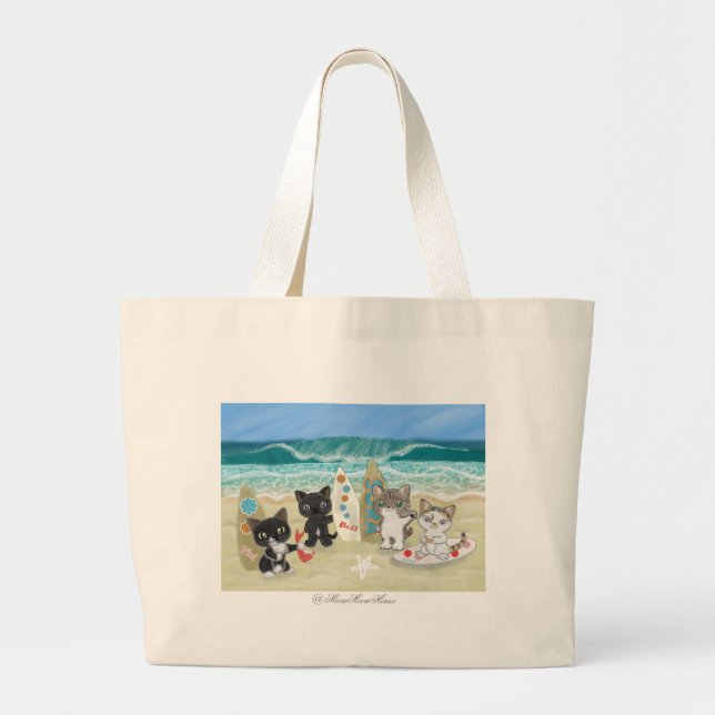 Bolsa Tote Grande Surfing Cat na praia (角 カ) ¥ (Frente)