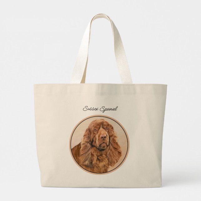 Bolsa Tote Grande Sussex Spaniel Pintando Bela Arte Original Pet Dog (Verso)
