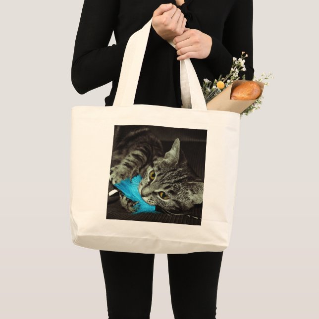 Bolsa Tote Grande Tabby Cat com pena de Shirley Taylor (Frente (produto))