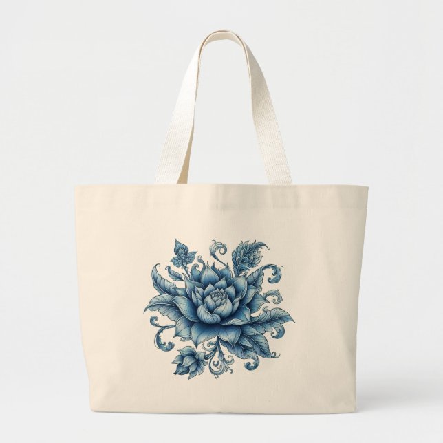 Bolsa Tote Grande Tailandês Blue Lotus, Tailandês Art, Thai Design,  (Frente)