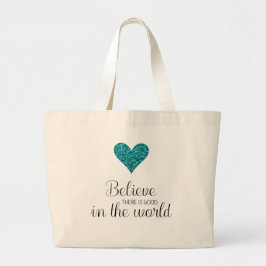 Bolsa Tote Grande Teal Glitter Heart Inspirational