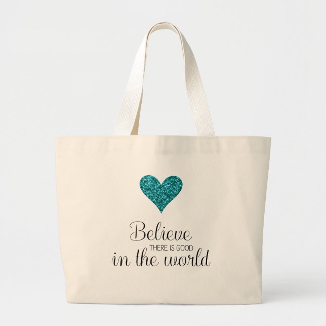 Bolsa Tote Grande Teal Glitter Heart Inspirational (Frente)