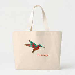 Bolsa Tote Grande Teal Orange e Red Fractal Hummingbird com Nome