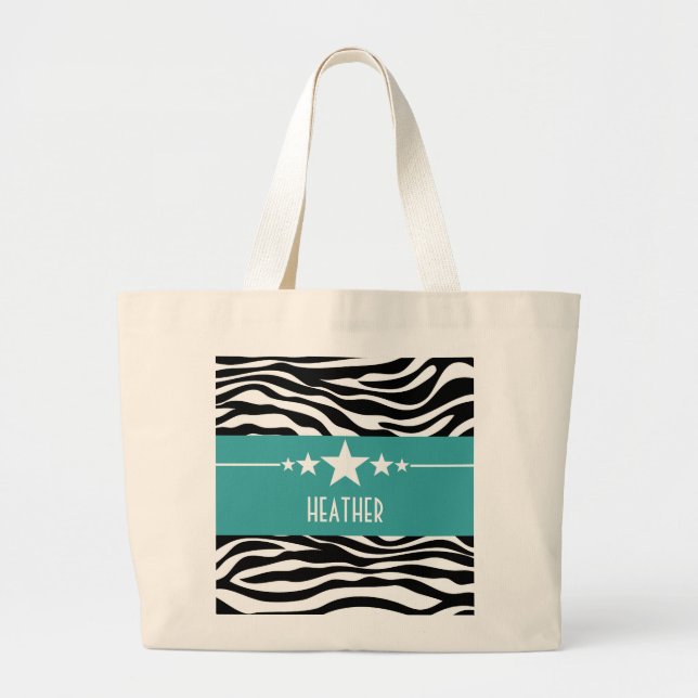 Bolsa Tote Grande Teal Sassy Star Zebra Tote Bag (Frente)