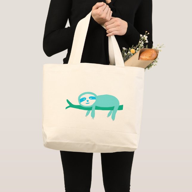 Bolsa Tote Grande Teal Sloth em uma ramificação (Frente (produto))