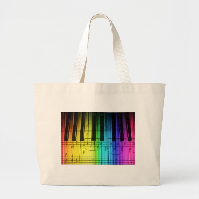 Bolsa Tote Grande Teclado e notas de piano do arco-íris (Frente)