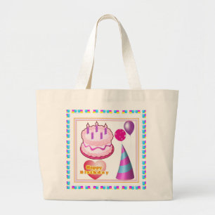 Bolsa Tote Grande Texto do balão n do bolo de HappyBIRTHDAY