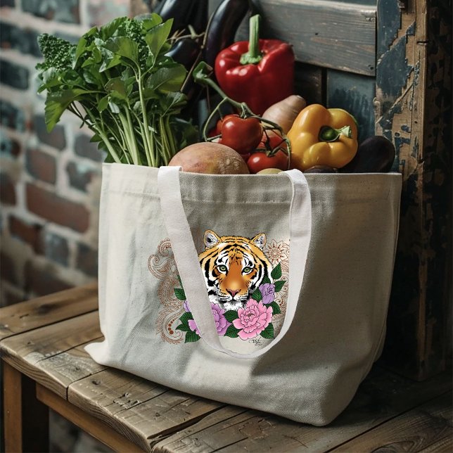 Bolsa Tote Grande Tiger Henna Flores Púrpuras Rosa (Criador carregado)