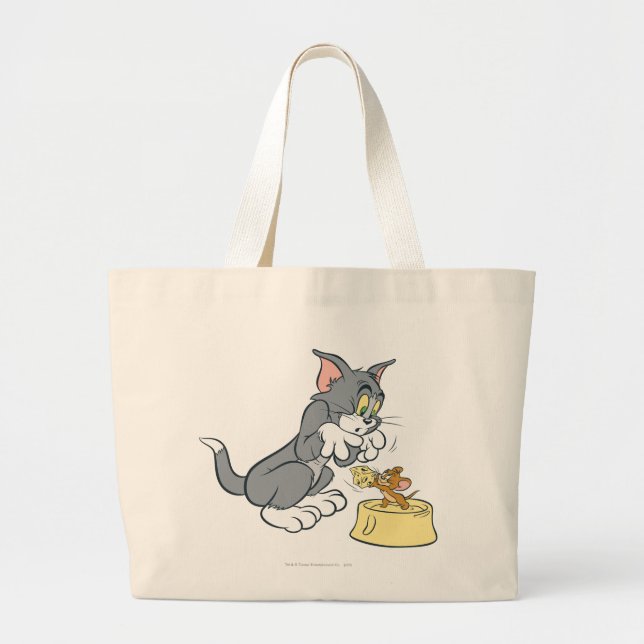 Bolsa Tote Grande Tom e Jerry alimentam o gato (Frente)