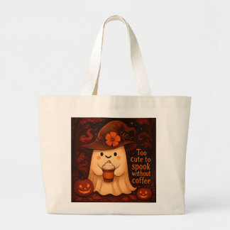 Bolsa Tote Grande Too Cute to Spook Without Coffee – Halloween Ghost