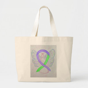 Bolsa Tote Grande Toque de Fita de Sensibilização em Púrpura e Verde