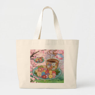 Bolsa Tote Grande Tote Bag-Cup e café com design de flor
