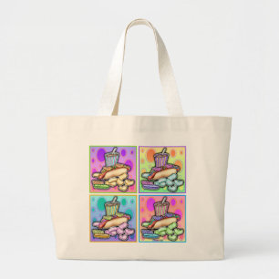 Bolsa Tote Grande Tote Bag - Pop Art Hot Dog com Chips e uma bebida