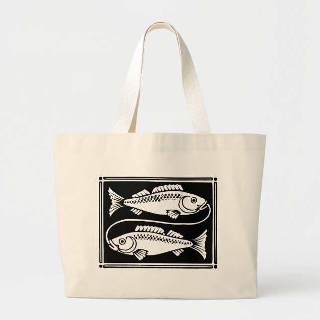 Bolsa Tote Grande Totebag Antiguado de Peixes Astrológicos Zodiac (Frente)