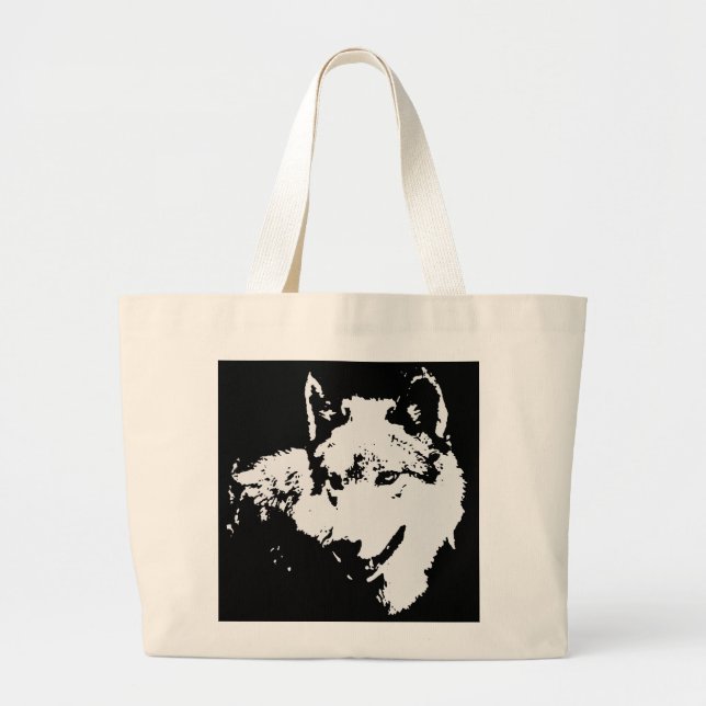 Bolsa Tote Grande Trabalho de arte do Lobo Negro e Branco (Frente)