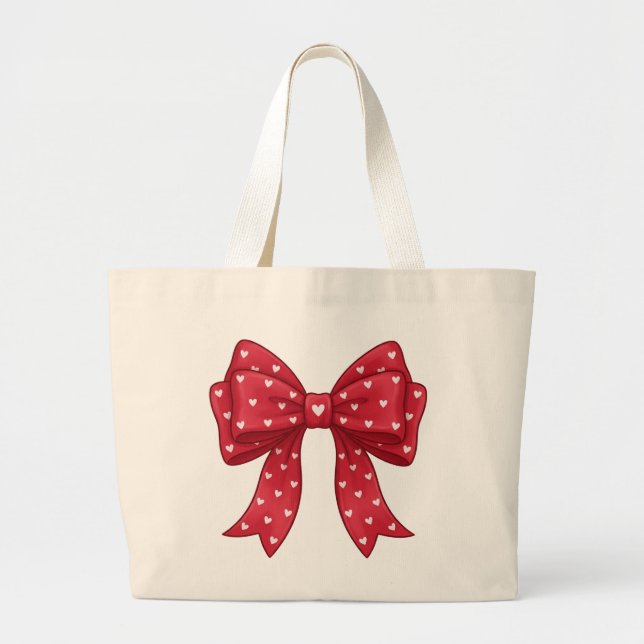 Bolsa Tote Grande Trendy Coquette Red Ribbon Bow with White Hearts (Frente)