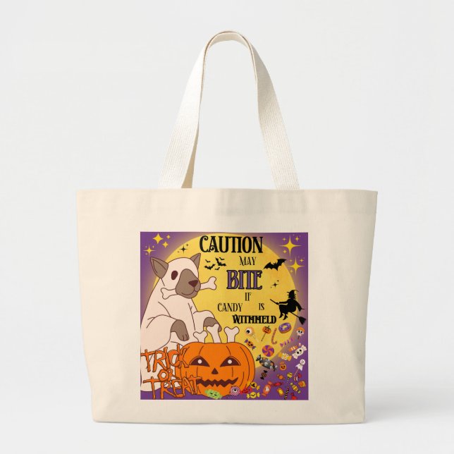 Bolsa Tote Grande Trick-or-Treat Bag - "Caution: May bite if candy i (Frente)