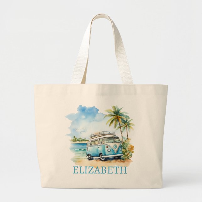 Bolsa Tote Grande Tropical Island Retro Blue Bus  (Frente)