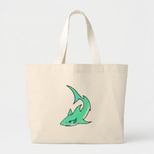 Bolsa Tote Grande tubarão sorridente desenho animado azul verde ocea