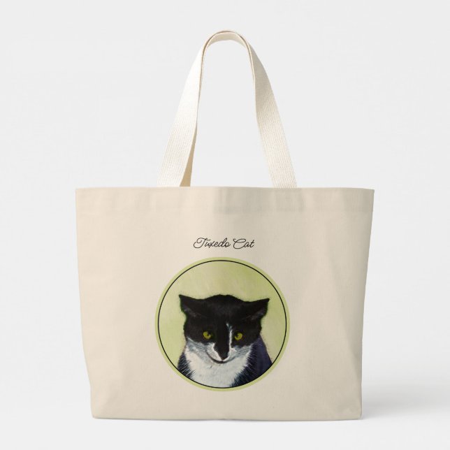 Bolsa Tote Grande Tuxedo Cat Retrato Pintura Bestial Arte Original (Verso)