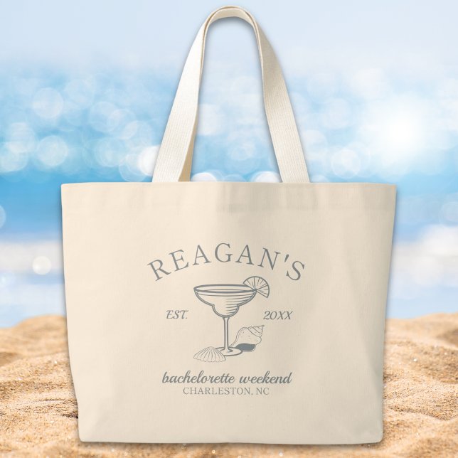Bolsa Tote Grande "Último brinde na costa" Festa de solteira de prai ("last toast on the coast" bachelorette party girls weekend personalized tote beach bag party favor)