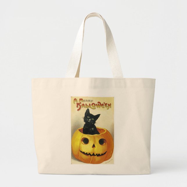 Bolsa Tote Grande Um gatinho alegre de Haloween (Frente)
