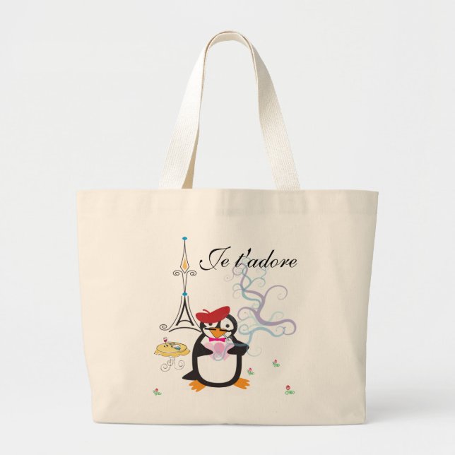 Bolsa Tote Grande Um pinguim em Paris Bag (Frente)