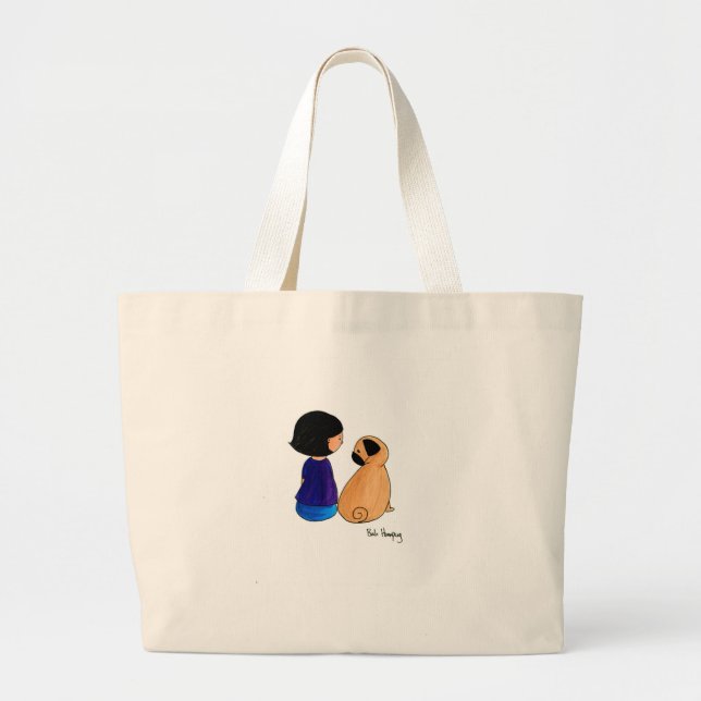 Bolsa Tote Grande Uma menina e seu Pug (Frente)