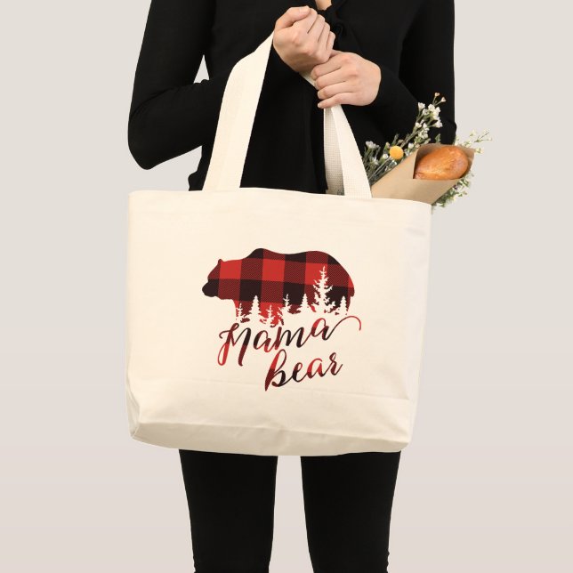 Bolsa Tote Grande Urso da Mãe do Flannel Vermelho e Negro Russo (Frente (produto))
