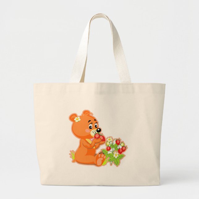 Bolsa Tote Grande urso fofo comendo morangos (Frente)