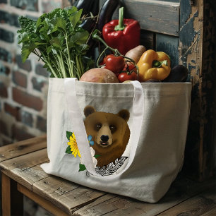 Bolsa Tote Grande Urso Pardo Flores Azuis Pena Vida Selvagem